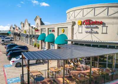 The front patio of Mantra Restaurant & Sports Bar and the storefronts for a variety of thriving businesses in the Park Glen Summit shopping center in Fort Worth TX