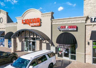 Storefronts for a Spay + Neuter Veterinary Clinic and for the Liquor Depot in the Park Glen Summit shopping center in Fort Worth TX