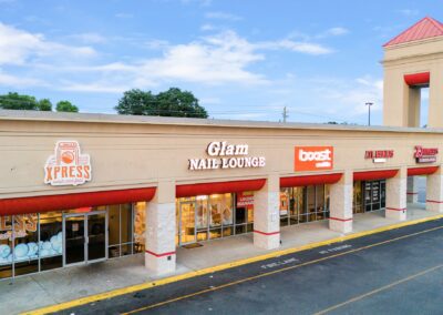 The storefronts of a strip of tenants in the Montgomery Commons shopping center in Montgomery AL