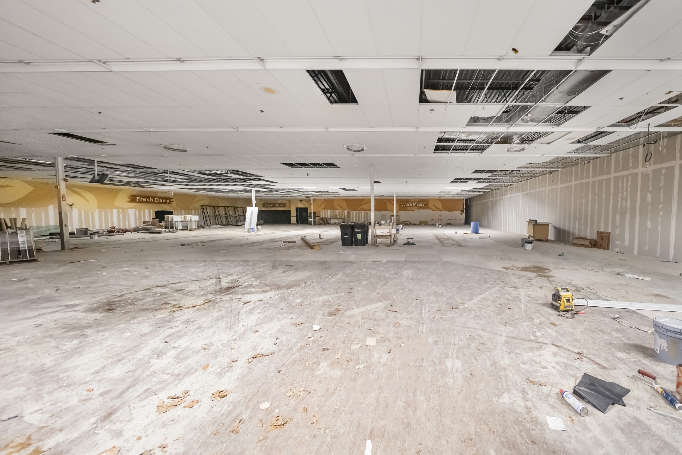 partially built-out interior of the leftover grocery store space now called suite 1-B at Marion City Square, now available for lease