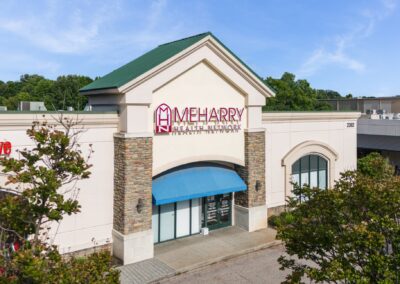 storefront for the new Meharry Health Network medical facility with trees out front, in the Shops at Rock Creek shopping center in Cordova TN