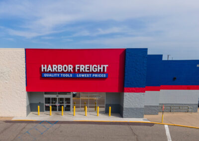 storefront for the new Harbor Freight Tools in Marshall MN with distinctive red, blue, and grey walls
