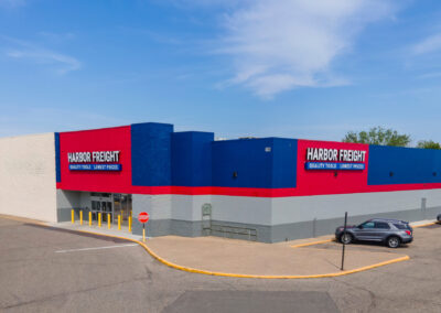 storefront for the new Harbor Freight Tools in Marshall MN with distinctive red, blue, and grey walls