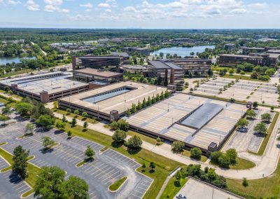 Aerial view of the 3 parking structures serving the 4 Overlook Point corporate campus