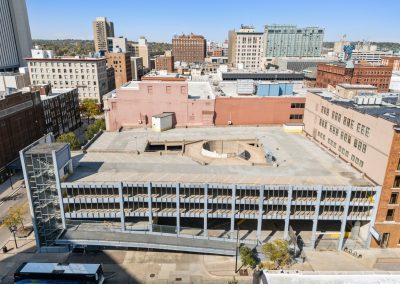 Exterior view of the parking garage dedicated to Town Centre in downtown Cedar Rapids IA, an office building with space for lease!