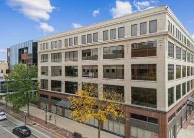 Exterior view of Town Centre in downtown Cedar Rapids IA, an office building with space for lease!